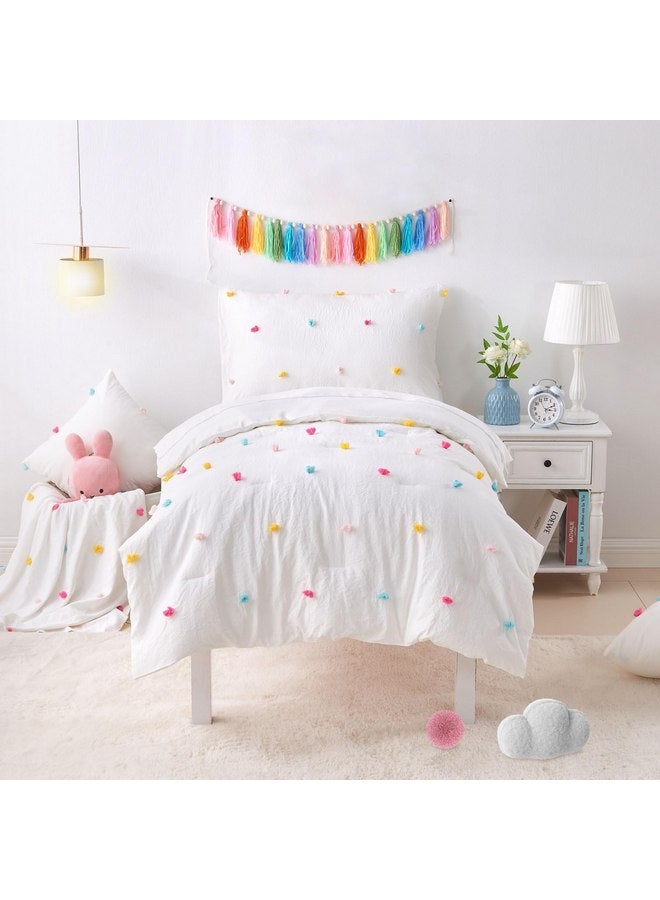 Cozyholy 4 Piece White Boho Toddler Bedding Sets for Girls Colorful Pom Pom Comforter Set Jacquard Tufted Dot Crib Bed Sheets Set for Baby Bed in a Bag, Include Comforter, Flat Sheet, Fitted Sheet, Pillowcase - Image 2