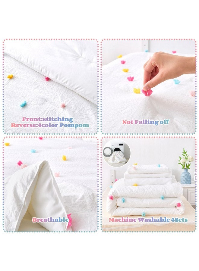 Cozyholy 4 Piece White Boho Toddler Bedding Sets for Girls Colorful Pom Pom Comforter Set Jacquard Tufted Dot Crib Bed Sheets Set for Baby Bed in a Bag, Include Comforter, Flat Sheet, Fitted Sheet, Pillowcase - Image 3