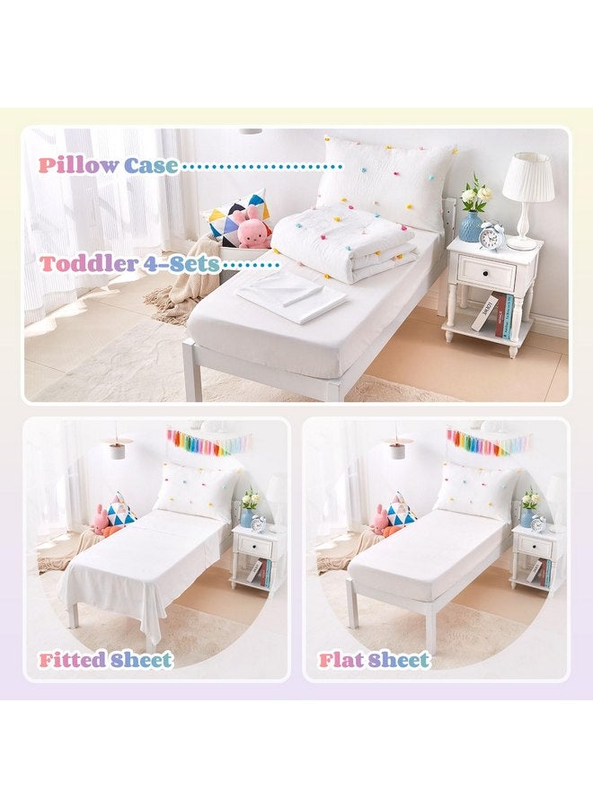 Cozyholy 4 Piece White Boho Toddler Bedding Sets for Girls Colorful Pom Pom Comforter Set Jacquard Tufted Dot Crib Bed Sheets Set for Baby Bed in a Bag, Include Comforter, Flat Sheet, Fitted Sheet, Pillowcase - Image 4