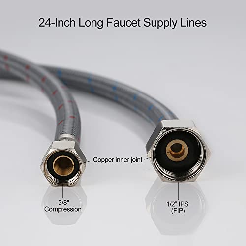 WOWOW 24 Inch Faucet Supply Hoses Bathroom Kitchen Faucet Sink Hose Braided Nylon Faucet Supply Lines Female Compression Thread 3/8" Comp x 1/2" FIP 2Pcs (1 Pair) - Image 2