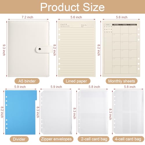 eleger A5 6 Ring Planner Binder - Refillable PU Leather Notebook Organizer with 80 Line Sheets, Monthly Sheets, Plastic Pockets and Dividers, Beige - Image 3
