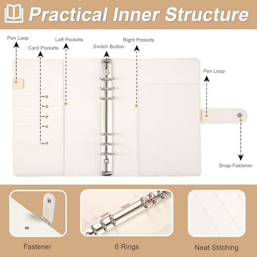 eleger A5 6 Ring Planner Binder - Refillable PU Leather Notebook Organizer with 80 Line Sheets, Monthly Sheets, Plastic Pockets and Dividers, Beige - Image 2