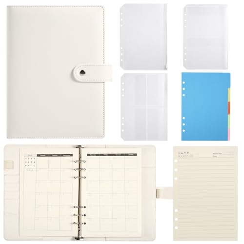eleger A5 6 Ring Planner Binder - Refillable PU Leather Notebook Organizer with 80 Line Sheets, Monthly Sheets, Plastic Pockets and Dividers, Beige - Image 1