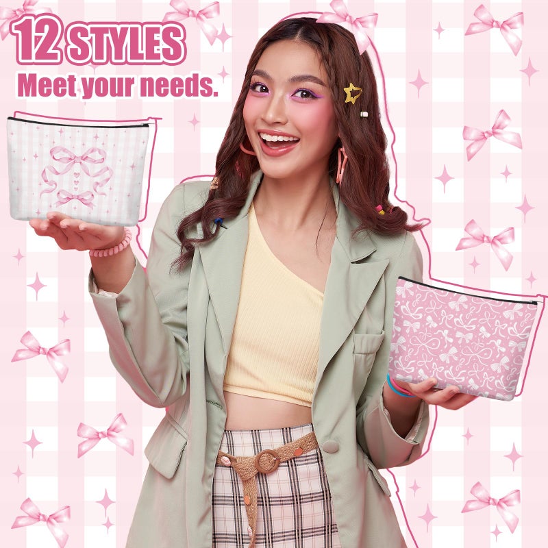 Reginary 12 Pcs Pink Bow Makeup Bags Coquette Bow Cosmetic Bags with Zippers Coquette Party Favors Pink Aesthetic Elegant Pouch Bulk Gifts for Women Stuff Christmas Birthday Supplies Travel Accessory - Image 3