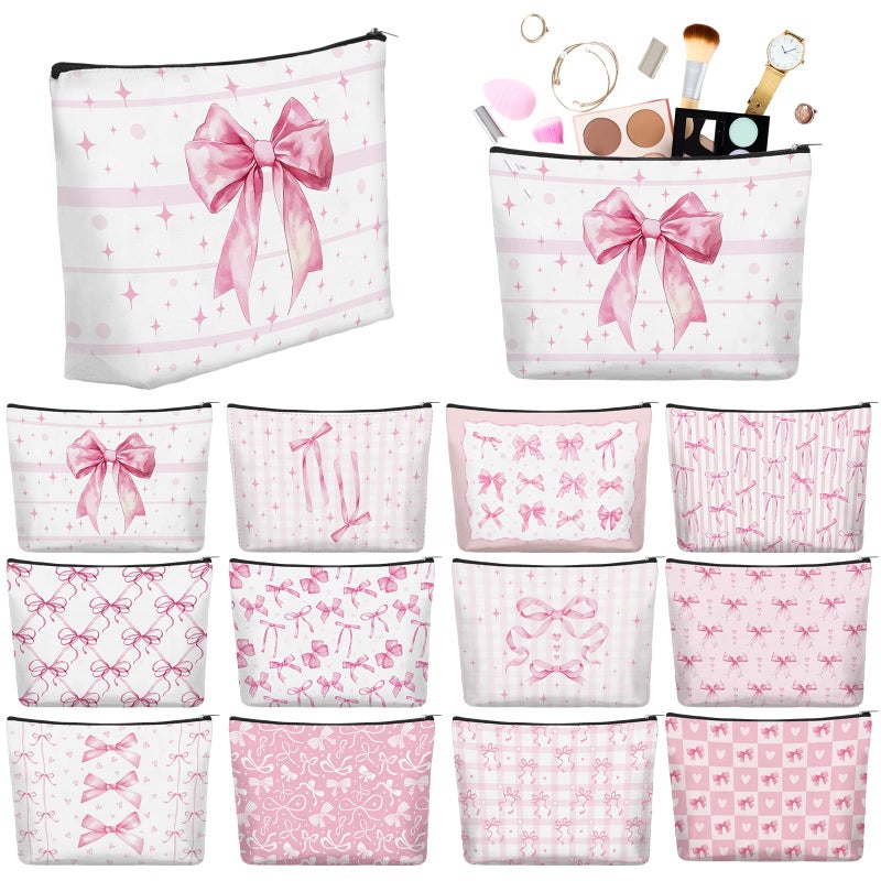 Reginary 12 Pcs Pink Bow Makeup Bags Coquette Bow Cosmetic Bags with Zippers Coquette Party Favors Pink Aesthetic Elegant Pouch Bulk Gifts for Women Stuff Christmas Birthday Supplies Travel Accessory - Image 1