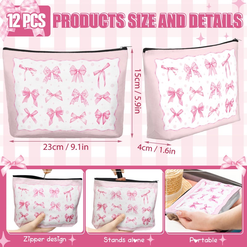 Reginary 12 Pcs Pink Bow Makeup Bags Coquette Bow Cosmetic Bags with Zippers Coquette Party Favors Pink Aesthetic Elegant Pouch Bulk Gifts for Women Stuff Christmas Birthday Supplies Travel Accessory - Image 2