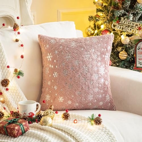 AQOTHES Soft Faux Fur Fuzzy Cute Decorative Throw Pillows Covers with Snowflake Glitter Printed Pillowcases for Christmas Decor Home Bed Room Sofa Chair Couch, Pink 18x18 inch, Pack of 2 - Image 5