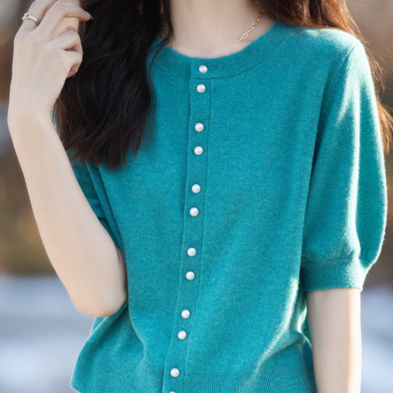 New Worsted Thin Round Neck Knitted Cardigan Short-Sleeved Pure Color Half-Sleeved Loose Slimming Look Top Jacket Jr565 - Image 1
