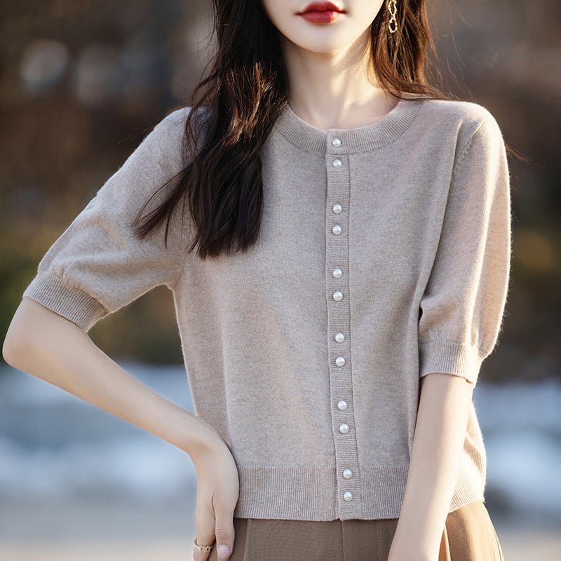 New Worsted Thin Round Neck Knitted Cardigan Short-Sleeved Pure Color Half-Sleeved Loose Slimming Look Top Jacket Jr565 - Image 4