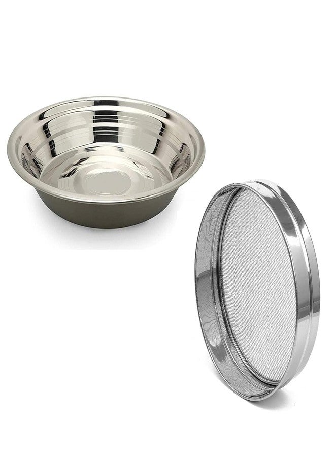 Bartan Star Stainless Steel Solid Silver Atta Parat for Dough,Mixer and Serving - 30 Centimeters (with Stainless Steel Atta Chalni) - Image 1