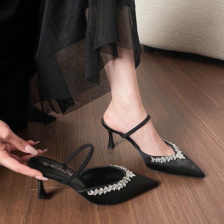 Sheepskin Style French Stiletto Pointed-Toe Mules With A Slimming Full Diamond High Heel For Women In Summer - Image 5