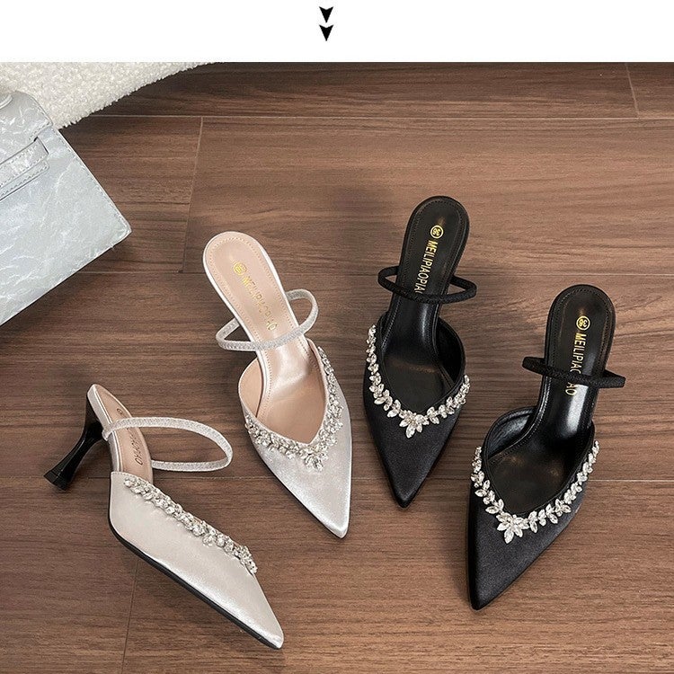 Sheepskin Style French Stiletto Pointed-Toe Mules With A Slimming Full Diamond High Heel For Women In Summer - Image 2