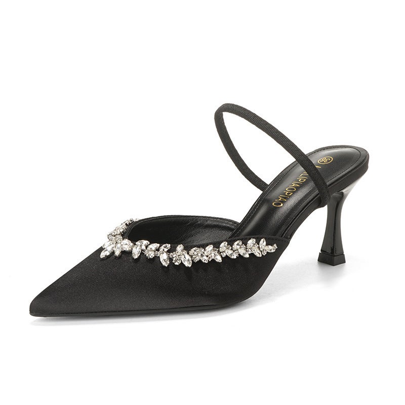 Sheepskin Style French Stiletto Pointed-Toe Mules With A Slimming Full Diamond High Heel For Women In Summer - Image 1