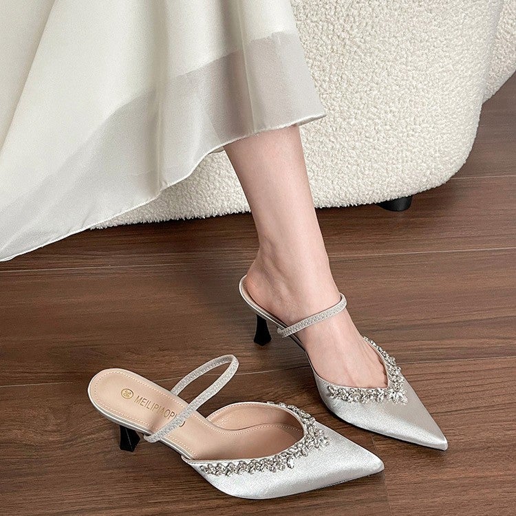 Sheepskin Style French Stiletto Pointed-Toe Mules With A Slimming Full Diamond High Heel For Women In Summer - Image 3