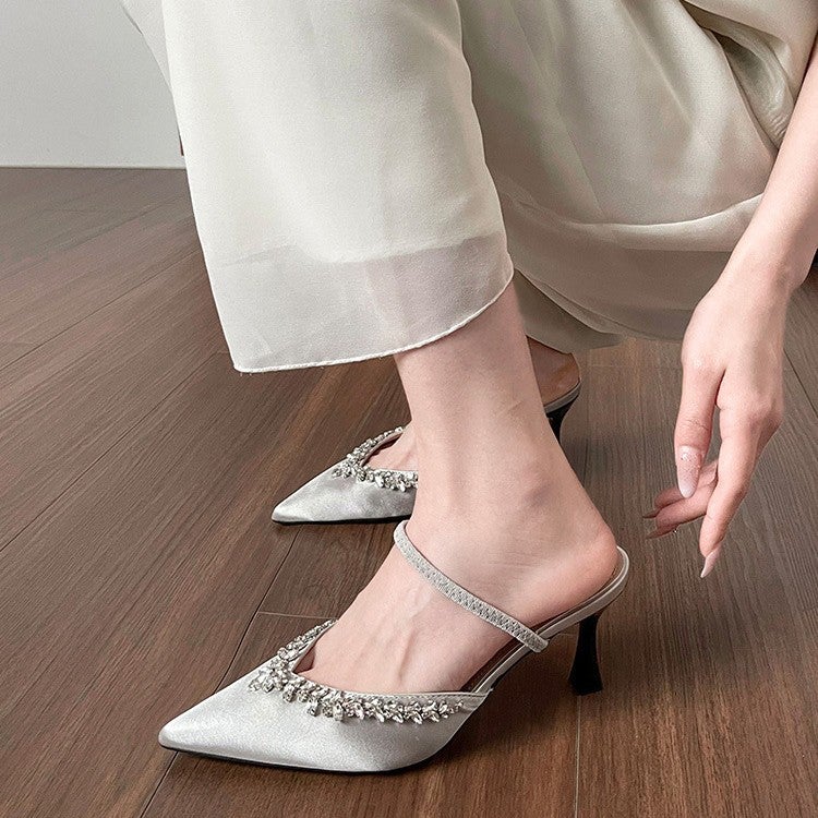 Sheepskin Style French Stiletto Pointed-Toe Mules With A Slimming Full Diamond High Heel For Women In Summer - Image 4