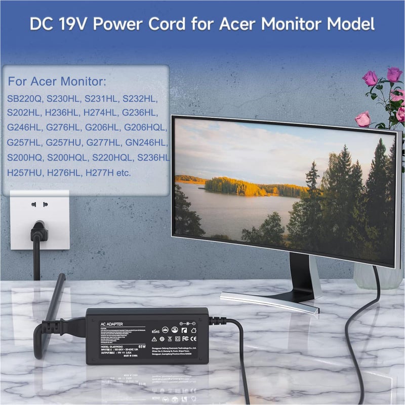 LJO-EEIH 19V Power Cord for Acer Monitor, Acer LCD Monitor H236HL, SA230, G276HL, S230HL, G246HL, G206HQL, S271HL, S240HL, G236HL, S220HQL, S202HL, SB220Q, S231HL Power Supply - Image 3