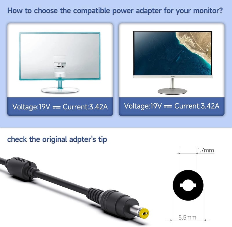 LJO-EEIH 19V Power Cord for Acer Monitor, Acer LCD Monitor H236HL, SA230, G276HL, S230HL, G246HL, G206HQL, S271HL, S240HL, G236HL, S220HQL, S202HL, SB220Q, S231HL Power Supply - Image 2