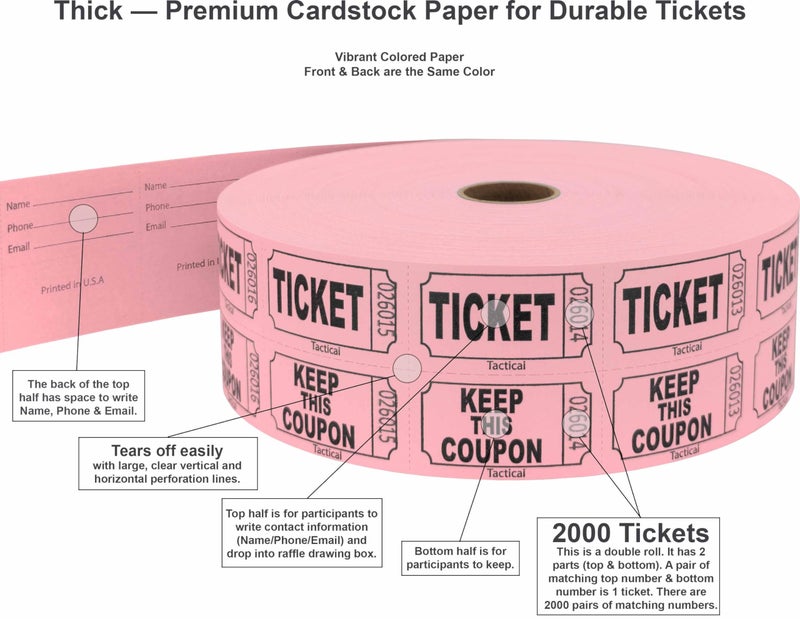 Tacticai 2000 Raffle Tickets, Pink (1 of 8 Colors), Double Roll, Tickets for Events, Entry, Class Reward, Fundraiser & Prizes - Image 2