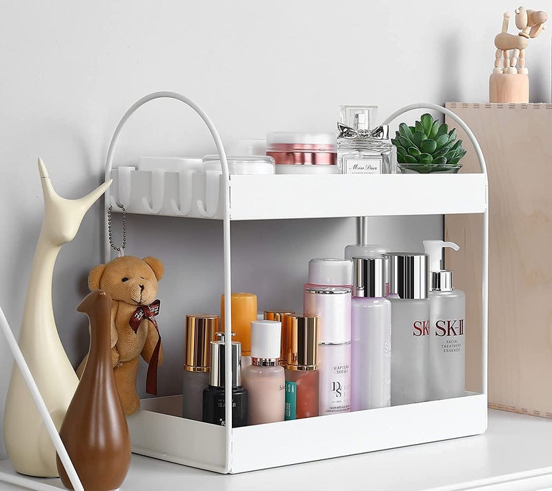 Go Hooked 2-Tier Standing Rack Bathroom Countertop Organizer Vanity Tray Cosmetic Makeup Storage Kitchen Spice Rack Standing Shelf (White, Metal, Pack of 1) - Image 1