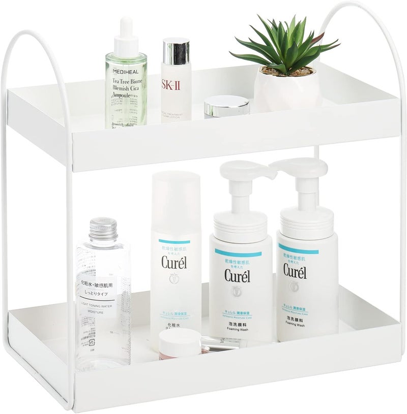 Go Hooked 2-Tier Standing Rack Bathroom Countertop Organizer Vanity Tray Cosmetic Makeup Storage Kitchen Spice Rack Standing Shelf (White, Metal, Pack of 1) - Image 2