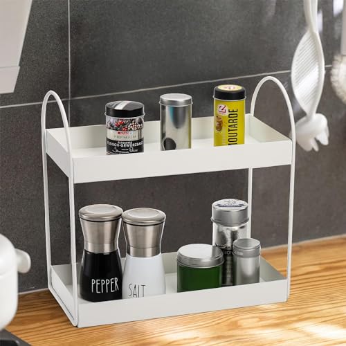 Go Hooked 2-Tier Standing Rack Bathroom Countertop Organizer Vanity Tray Cosmetic Makeup Storage Kitchen Spice Rack Standing Shelf (White, Metal, Pack of 1) - Image 4