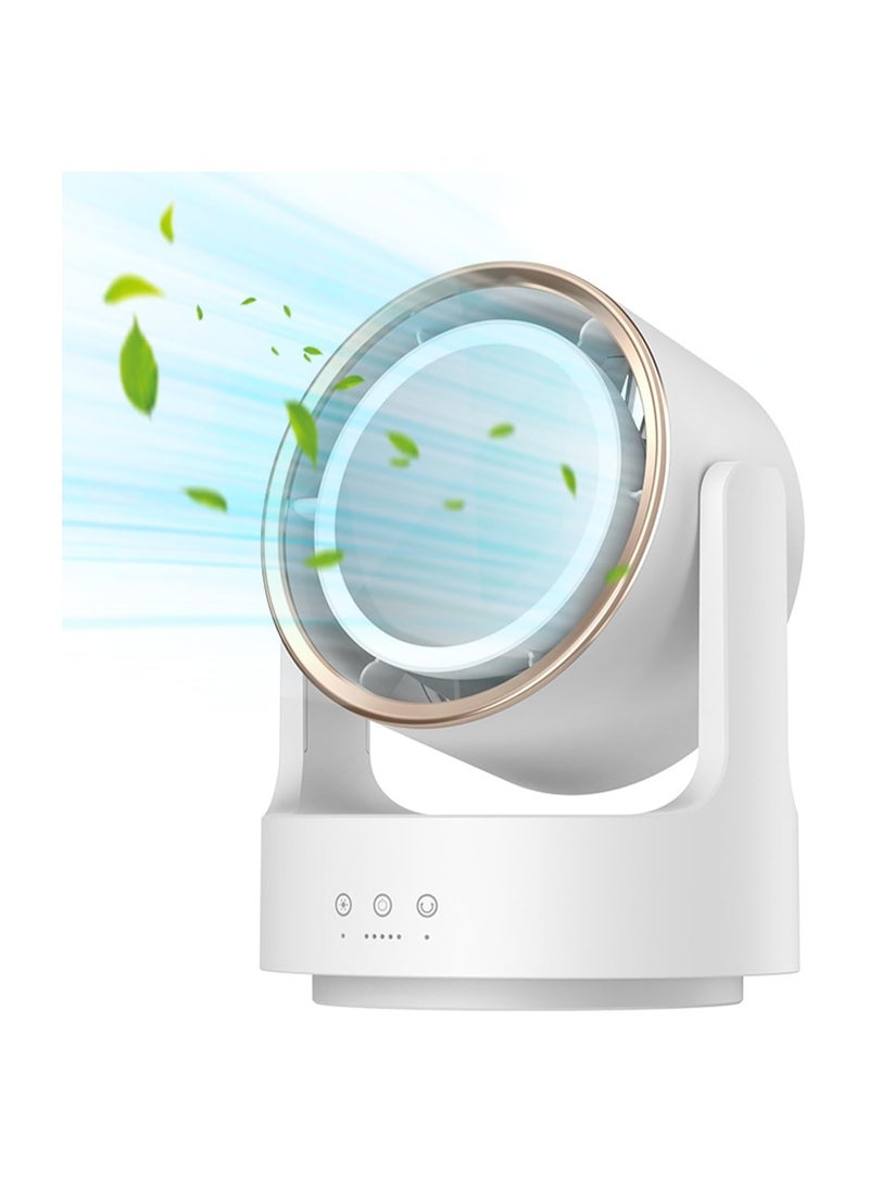 SYOSI Bladeless Fan with Light, Small Oscillating Fan, Desk Mini Fan, Mirrow for Make Up, Strong Airflow Travel Rechargeable Fan, 5 Speeds 135° Horizon/ 90° Pitch Adjustable Quiet Fan for Bedroom (White) - Image 1