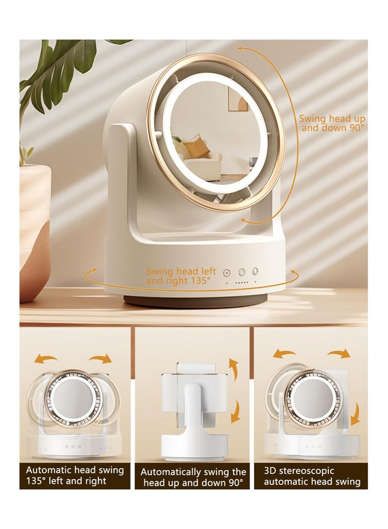 SYOSI Bladeless Fan with Light, Small Oscillating Fan, Desk Mini Fan, Mirrow for Make Up, Strong Airflow Travel Rechargeable Fan, 5 Speeds 135° Horizon/ 90° Pitch Adjustable Quiet Fan for Bedroom (White) - Image 2