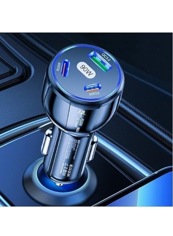 شاحن السيارة USB، شاحن سجارة بقدرة عالية 90 واط مع 3 منافذ، محطة شحن 3 في 1 شاحن سيارة نوع C ملحقات السيارة - Image 2