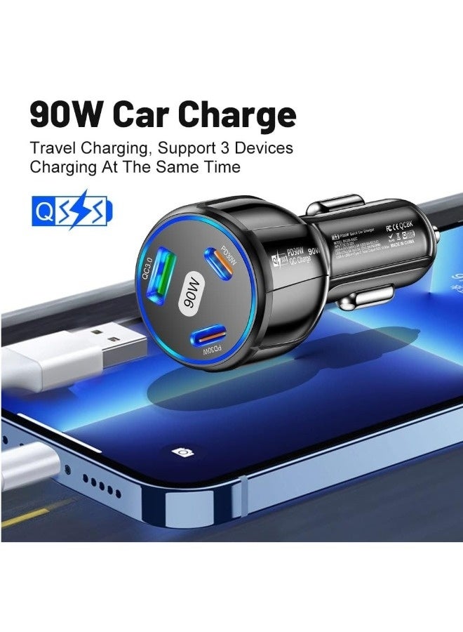 شاحن السيارة USB، شاحن سجارة بقدرة عالية 90 واط مع 3 منافذ، محطة شحن 3 في 1 شاحن سيارة نوع C ملحقات السيارة - Image 3