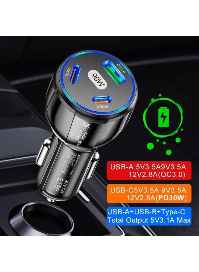 شاحن السيارة USB، شاحن سجارة بقدرة عالية 90 واط مع 3 منافذ، محطة شحن 3 في 1 شاحن سيارة نوع C ملحقات السيارة - Image 1