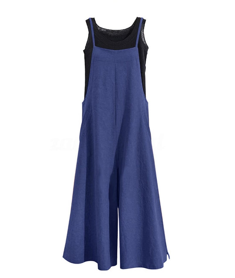 YESNO Women Casual Loose Long Bib Pants Wide Leg Jumpsuits Baggy Cotton Rompers Overalls with Pockets L PZZTYP2 Navy Blue