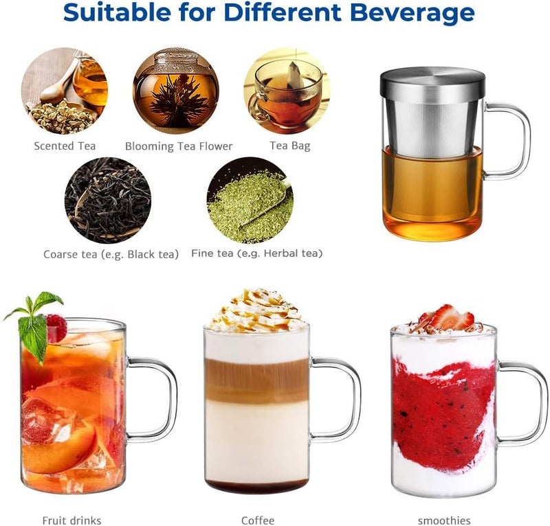 ecooe 16.9 Oz Borosilicate Glass Tea Mug Cup Tea Glasses with Stainless Steel Infuser & Lid, Loose Leaf Glass Tea Cup Teacup 430mL(Use Capacity) - Image 4