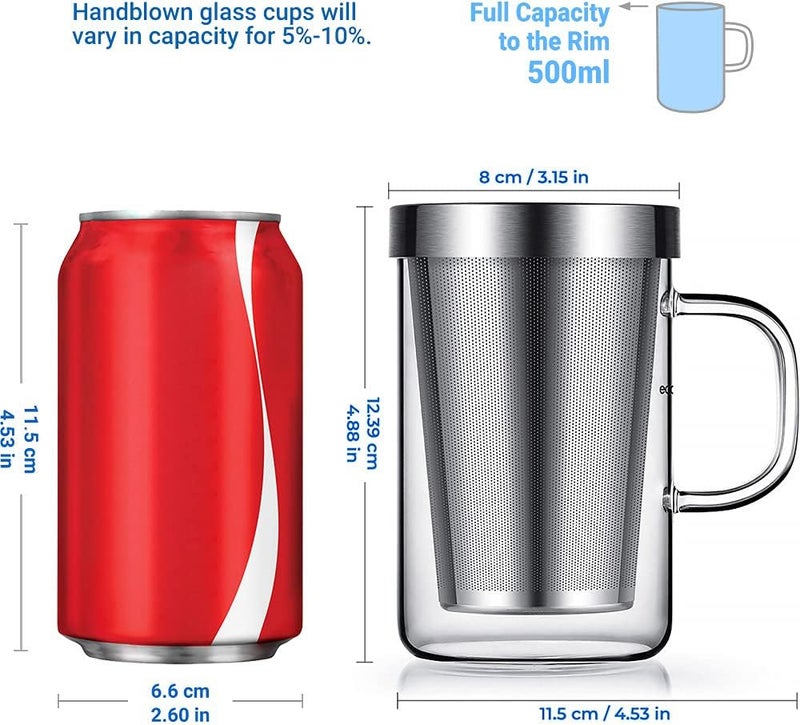 ecooe 16.9 Oz Borosilicate Glass Tea Mug Cup Tea Glasses with Stainless Steel Infuser & Lid, Loose Leaf Glass Tea Cup Teacup 430mL(Use Capacity) - Image 2