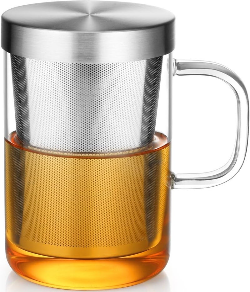 ecooe 16.9 Oz Borosilicate Glass Tea Mug Cup Tea Glasses with Stainless Steel Infuser & Lid, Loose Leaf Glass Tea Cup Teacup 430mL(Use Capacity) - Image 1