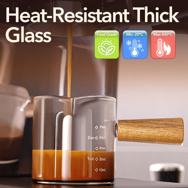 ‎YARRAMATE YARRAMATE 2.5 oz/75ML Espresso Cups with Wood Handle, Clear Glass Espresso Accessories, Double Spout Measuring Cup with Dual Scale, Espresso Shot Glass with V-Shaped Spout - Image 3