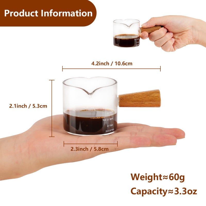 ‎YARRAMATE YARRAMATE 2.5 oz/75ML Espresso Cups with Wood Handle, Clear Glass Espresso Accessories, Double Spout Measuring Cup with Dual Scale, Espresso Shot Glass with V-Shaped Spout - Image 2