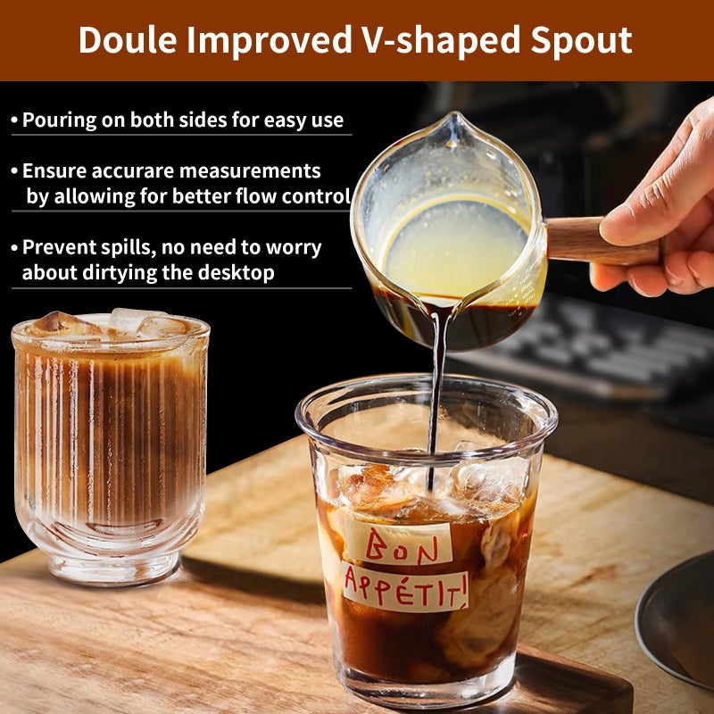 ‎YARRAMATE YARRAMATE 2.5 oz/75ML Espresso Cups with Wood Handle, Clear Glass Espresso Accessories, Double Spout Measuring Cup with Dual Scale, Espresso Shot Glass with V-Shaped Spout - Image 5