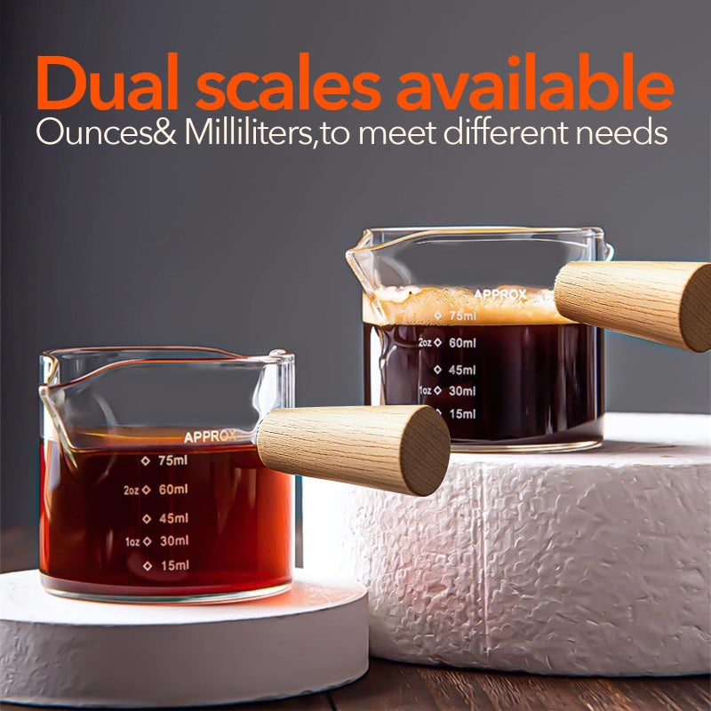 ‎YARRAMATE YARRAMATE 2.5 oz/75ML Espresso Cups with Wood Handle, Clear Glass Espresso Accessories, Double Spout Measuring Cup with Dual Scale, Espresso Shot Glass with V-Shaped Spout - Image 4