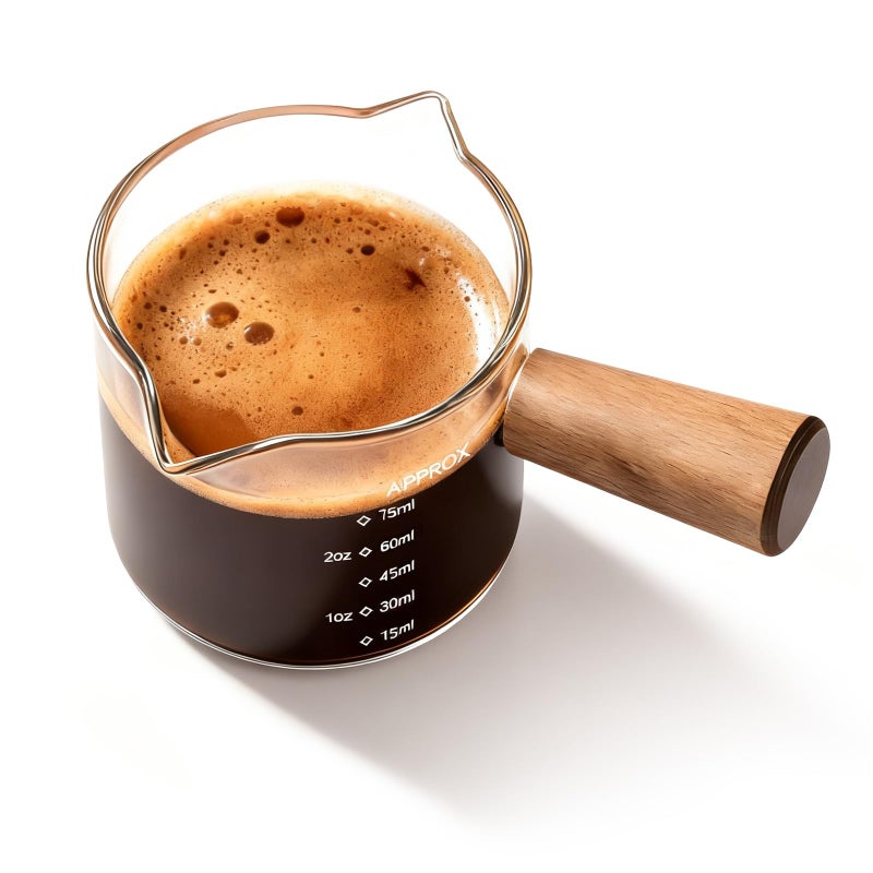 ‎YARRAMATE YARRAMATE 2.5 oz/75ML Espresso Cups with Wood Handle, Clear Glass Espresso Accessories, Double Spout Measuring Cup with Dual Scale, Espresso Shot Glass with V-Shaped Spout - Image 1