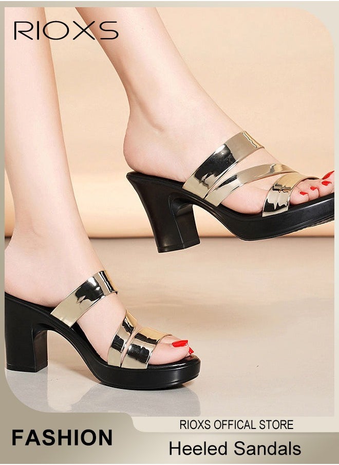 ريوكس - صنادل الكعب النسائية، ساطع Strappy Platform Slippers For Women, Fashion Chunky Heel Elegant الأحذية، الصنادل الصيفية لأصابع القدم المستديرة، الكعوب المانعة للانزلاق البغال الصنادل للحفلة المواعدة حفل زفاف، السيدات ملابس يضخمن الأحذية - Image 1