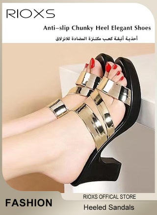Women's Heeled Sandals, 6cm Chunky Block Heel Sandals, Bright Strappy Platform Slippers for Women, Fashion Chunky Heel Elegant Shoes, Round Toe Summer Sandals, Anti-slip Block Heels Mule Sandals for Party Dating Wedding, Ladies Dress Pumps Shoes, Gold Sandals Woman Footwear - view 4