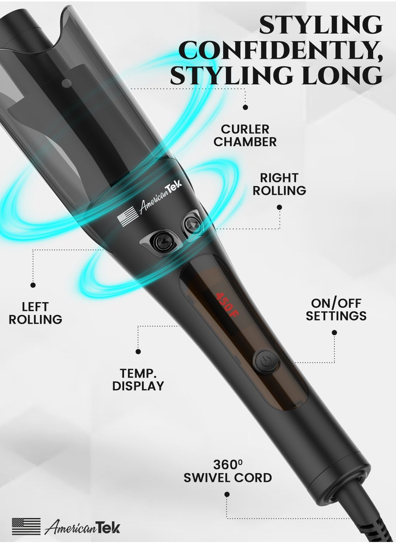 American Tek - Automatic Curling Iron Wand - Auto Hair Curler With 4 Temperatures, 3 Timers And LCD Display - American Quality - Black - Image 1