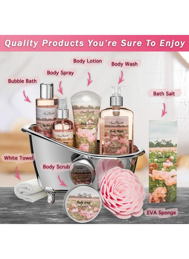 Aqua Elegante Spa Gift Baskets For Women - Luxury Bath Set With Rose Oil & Peony - Spa Kit Includes Body Wash, Bubble Bath, Lotion, Bath Salts, Body Scrub, Body Spray, Shower Puff, and Towel  - Image 2