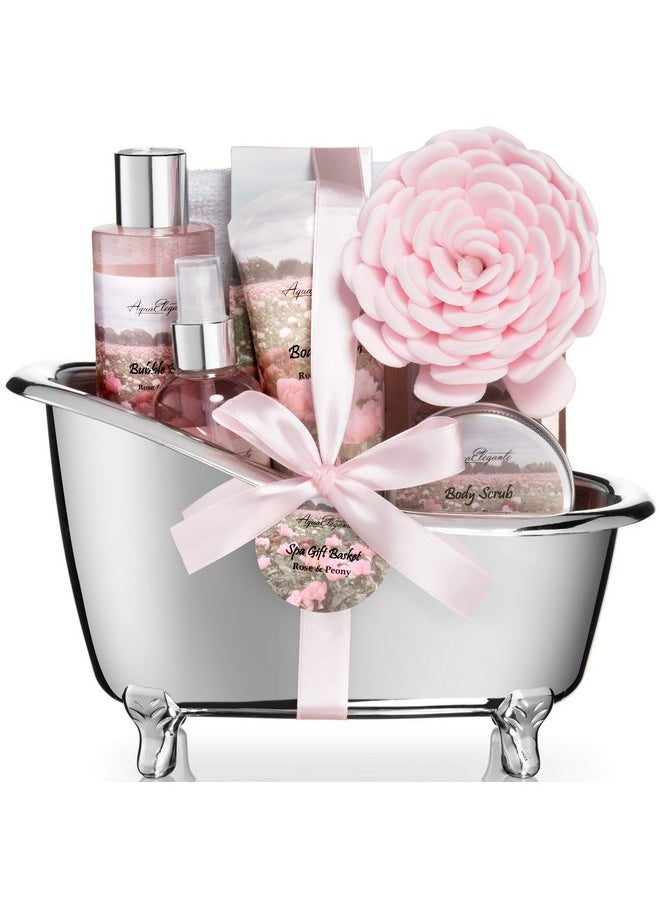 Aqua Elegante Spa Gift Baskets For Women - Luxury Bath Set With Rose Oil & Peony - Spa Kit Includes Body Wash, Bubble Bath, Lotion, Bath Salts, Body Scrub, Body Spray, Shower Puff, and Towel  - Image 1