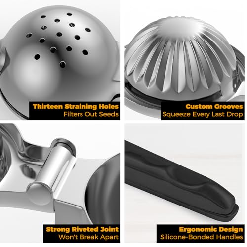RCMo Stainless Steel Lemon Squeezer - Metal Citrus Juicer - Lime Lemon and Fruit Juicer with Silicone Handles - Large Manual Citrus Press Juicer - Hand Held Squeezer - Ergonomic Design with Solid - Image 4