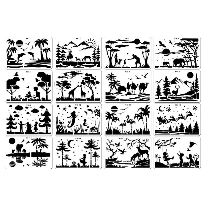 Animal Stencils for Painting16 Pcs Forest Landscape StencilMountains Rivers StencilsReusable Plastic Painting StencilsAnimals Plants People Children Deer Mermaid Drawing Template