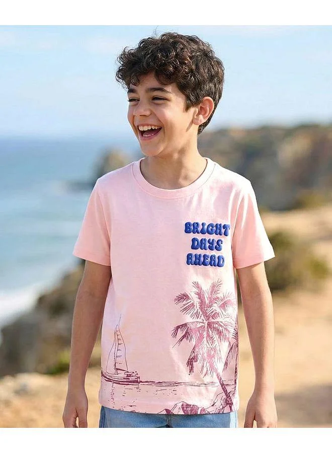 Pine Kids Pine Kids Cotton Knit Half Sleeves T-Shirt with Beach Print - Pink