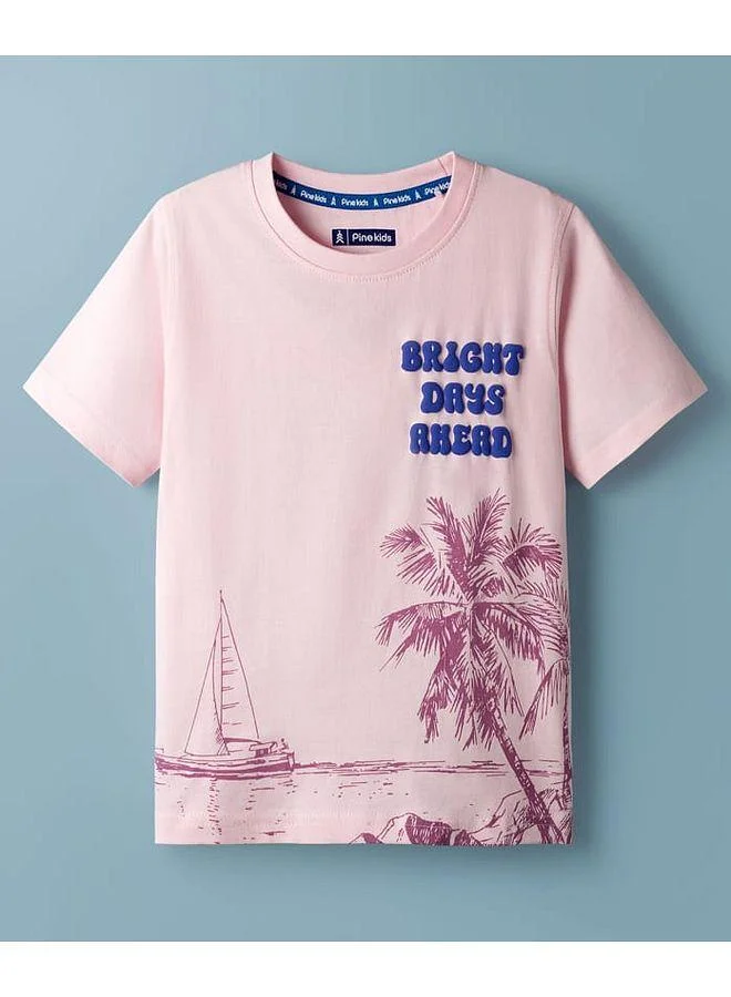 Pine Kids Pine Kids Cotton Knit Half Sleeves T-Shirt with Beach Print - Pink