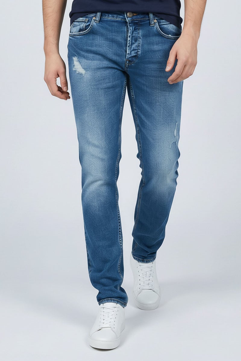 Replay Men Straight Fit Washed Stretchable Denim Jeans, Blue - Image 1