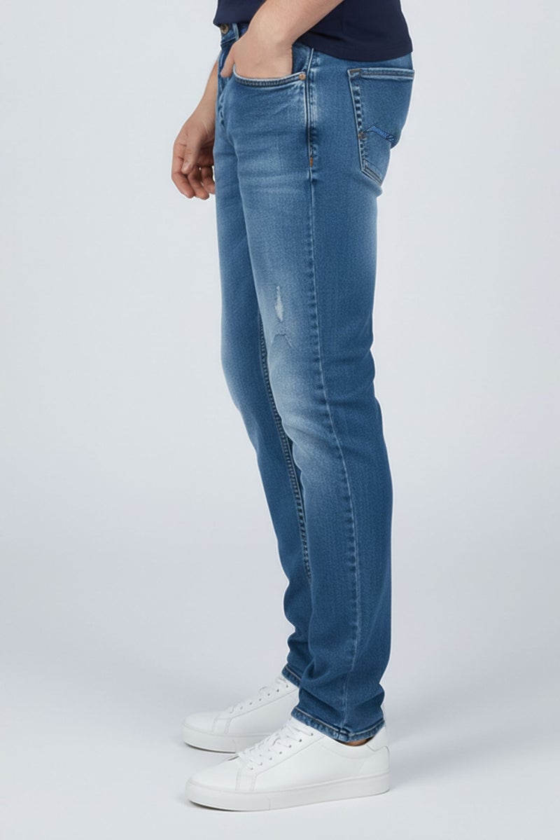 Replay Men Straight Fit Washed Stretchable Denim Jeans, Blue - Image 2